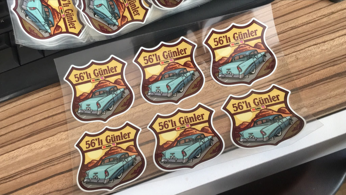 56'lı Günler temalı özel kesim araç görselli sticker etiketler