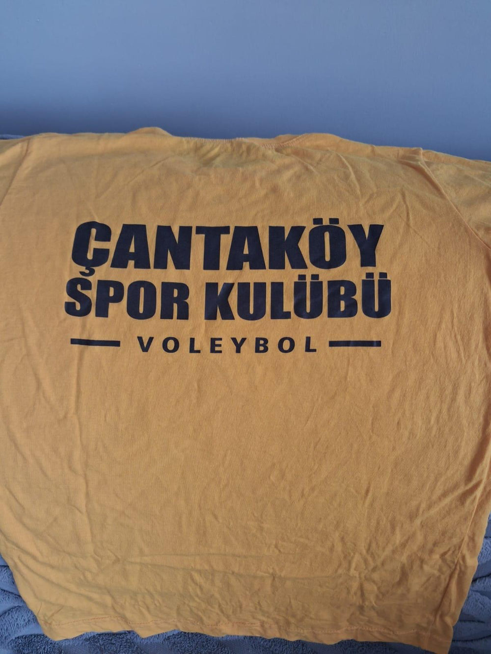 Bej tişört üzerinde Çantaköy SK 1990 voleybol amblem baskısı